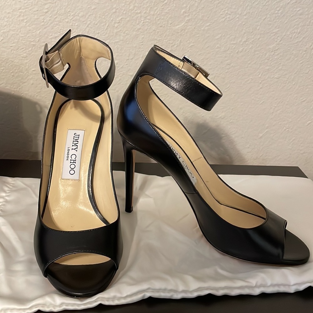 Jimmy Choo open toe ankle strap black heels 38